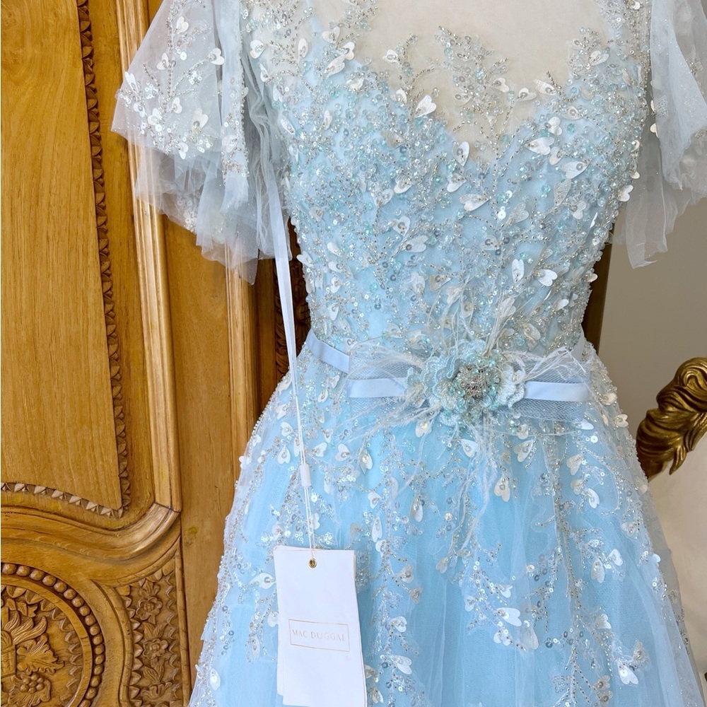 Mac Duggal [2] 20362 Embellished A Line Gown Flutter Feathers Baby Blue princess - Picture 2 of 8